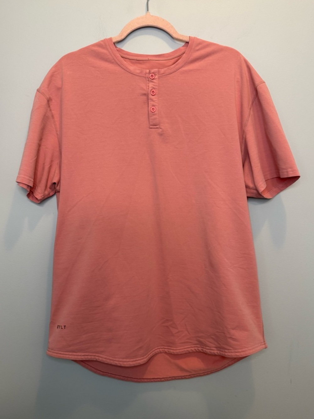 BYLT Basics Men’s Drop-Cut Henley Shirt Short Sleeve Coral Pink XL